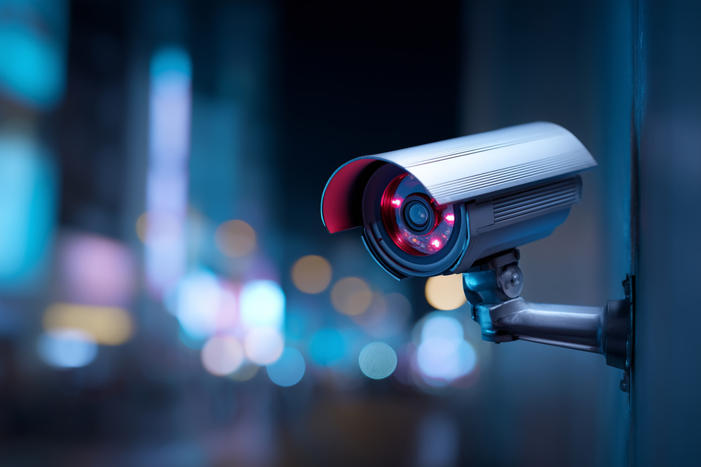 A silver security camera with visible red infrared lights is mounted on a dark blue wall. The background features blurred city lights in shades of blue and yellow, creating a bokeh effect.