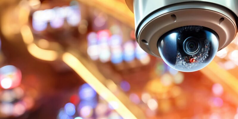 A dome security camera is positioned high up