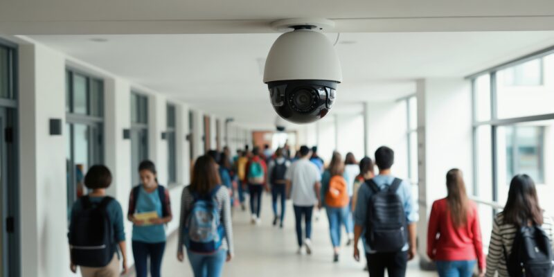 Dome security camera watches diverse students walking in school hallway.