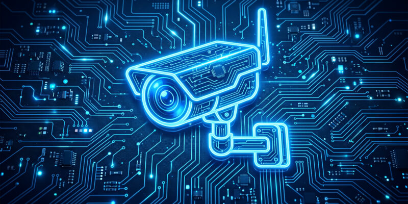 Digital surveillance camera icon integrated on circuit board representing smart security systems
