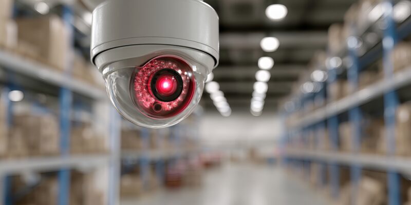 Modern security camera monitoring a large warehouse