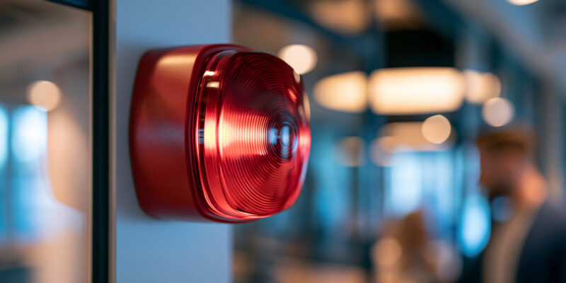 red fire alarm strobe light mounted on a bright wall in a commercial building