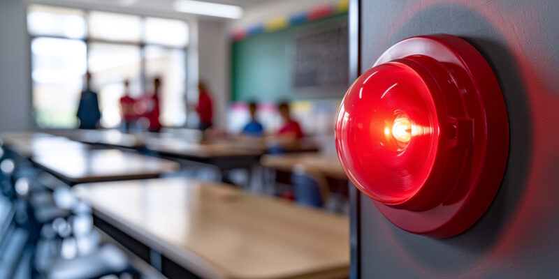 Led alarm siren glowing red on wall for safety and security in classroom